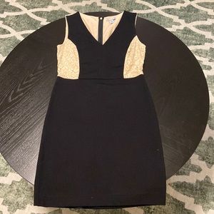 DKNY Black And Tan Lace V Neck Dress